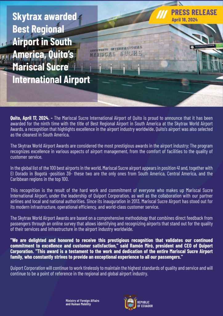 Skytrax awarded Best Regional Airport in South America, Quito's Mariscal Sucre International Airport