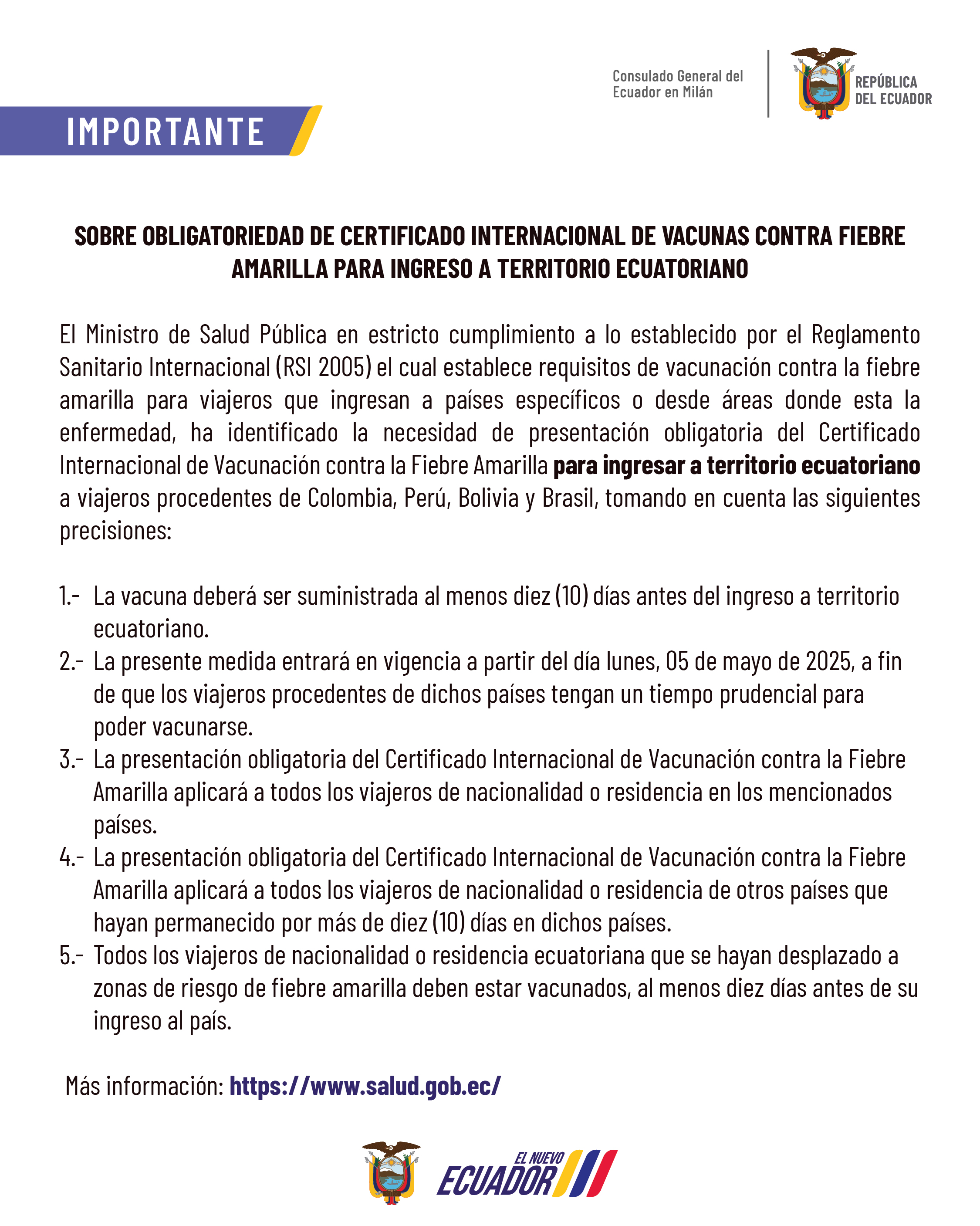 Sobre obligatoriedad de certificado internacional de vacunas contra fiebre amarilla para ingreso a territorio ecuatoriano